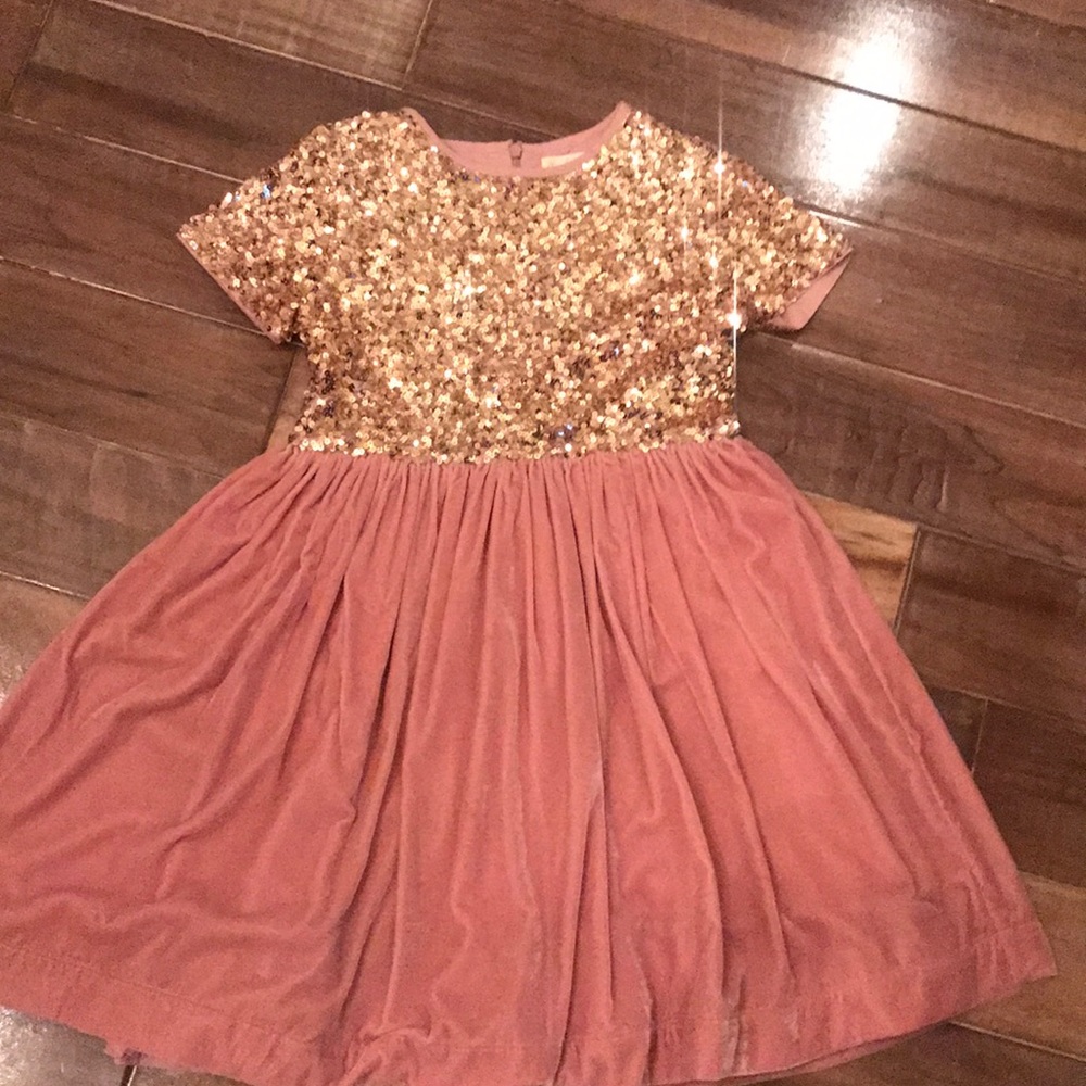 Mini Boden, Pink velvet, gold sequin top dress